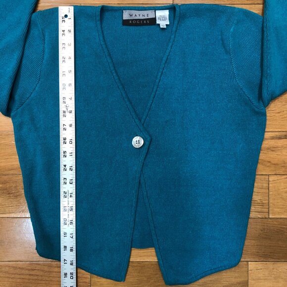 Wayne Rogers Silk Blend V-Neck 3/4 Sleeve Turquoise Knit Sweater Size L - Picture 4 of 4
